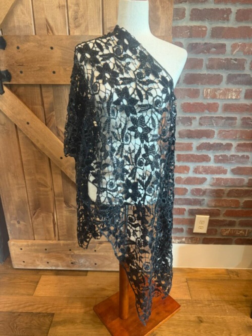 Black Sequin Floral Lace Scarf Wrap Shawl Boho Evening Festival 22x78 - Picture 5 of 8